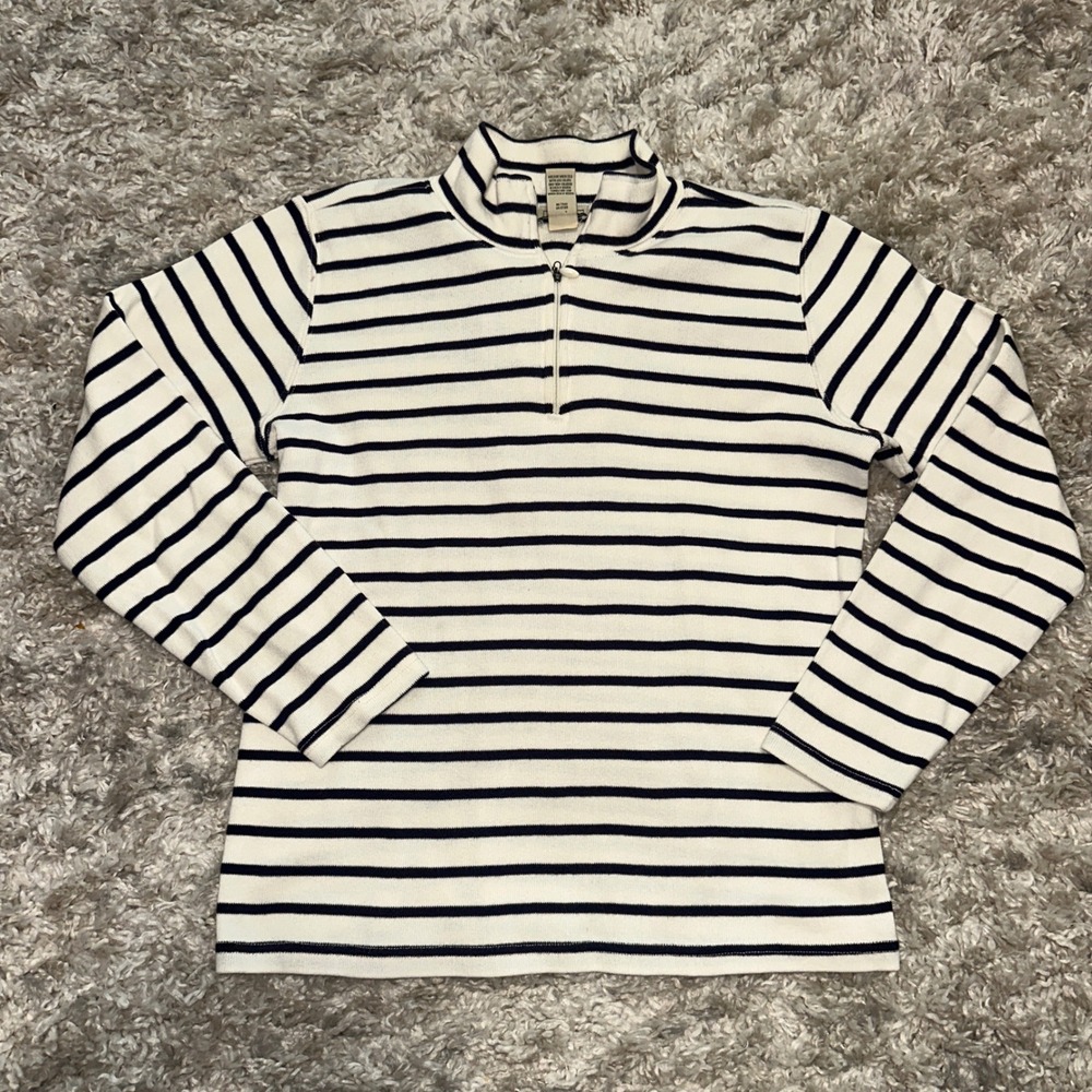 LL Bean Womens Navy White Striped 100% Cotton Quarter Zip Pullover  LG-REG